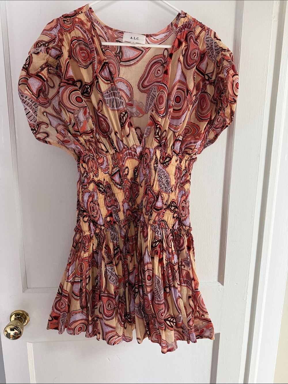 A.L.C. Peach and Burgundy Printed Smocked Waist V-Neck Tunic